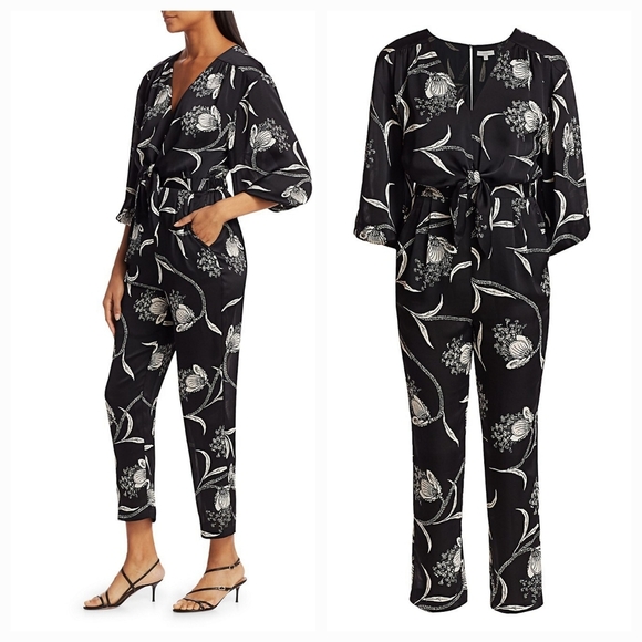 🦃TODAY ONLY🦃BCBGENERATION Joie Black Floral print V- neck casual Jumpsuit sz S - Picture 4 of 14